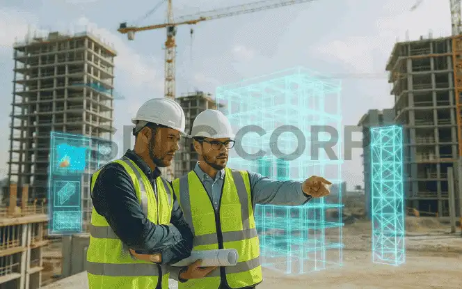 Construction managers reviewing AI-powered 3D building visualization – AI in building design