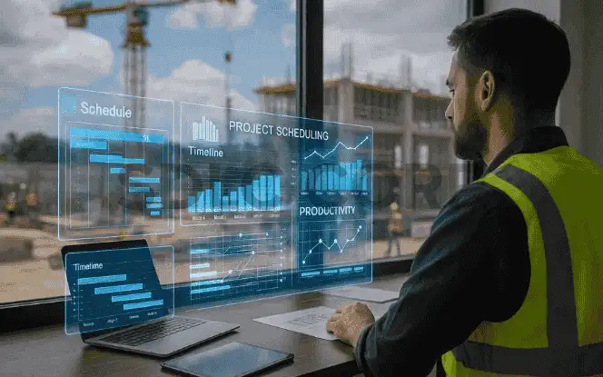 Project manager analyzing AI-driven scheduling dashboard – AI in construction project management