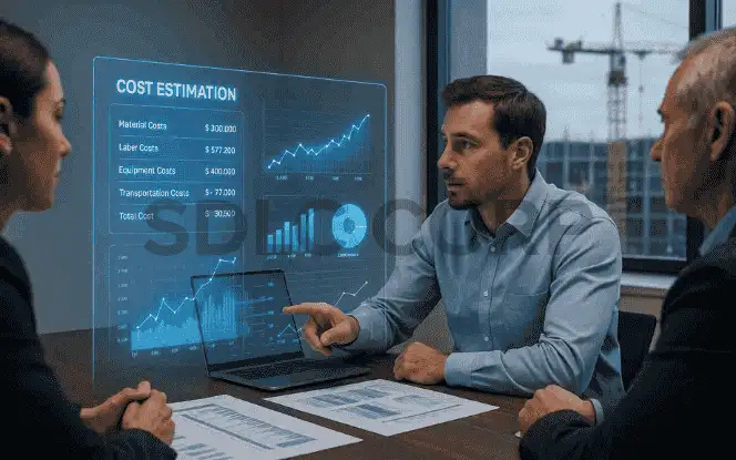 Business team discussing AI-powered cost estimation – AI in construction cost analysis