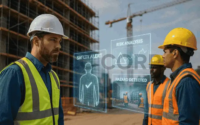 Engineers evaluating AI-driven safety and risk analysis – AI in construction safety management