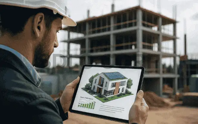 Engineer using AI-powered tablet for 3D building design – AI in construction visualization