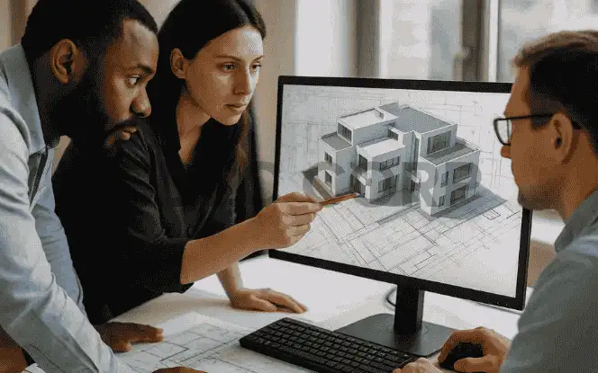 Team collaborating on AI-generated 3D building design – AI in construction design phase