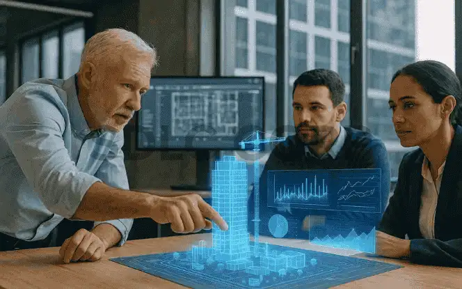 Business team discussing 3D building hologram – Generative AI in Construction project planning.