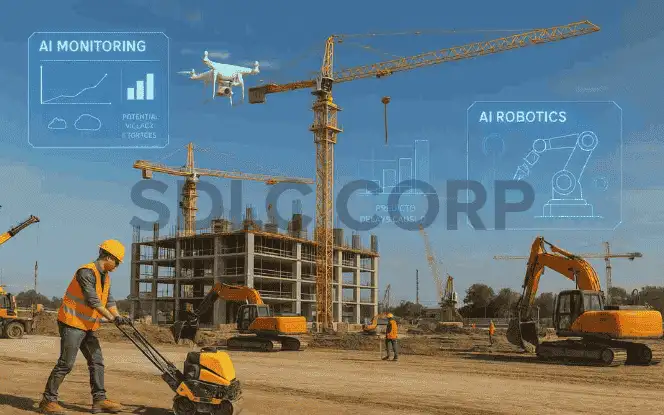Construction site with AI monitoring drones and robotics – Generative AI in Construction technology.