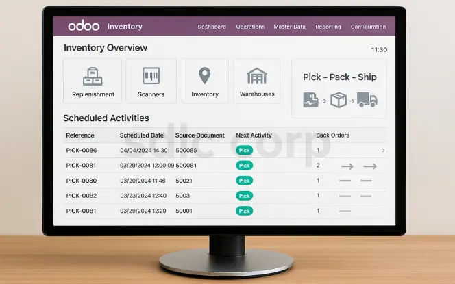 Computer monitor showing Odoo Route Planning & Delivery Tracking dashboard with a live map, optimized delivery routes, and order statuses for customers.