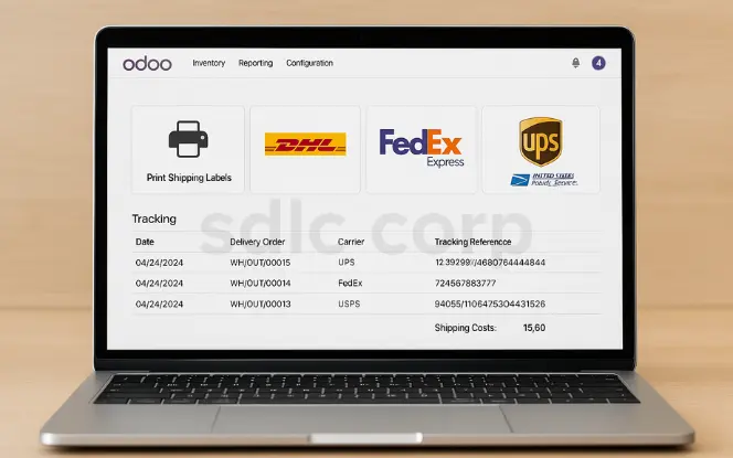 Laptop screen displaying Odoo shipping integrations with DHL, FedEx, UPS, and USPS logos, showing options to print shipping labels, track shipments, calculate shipping costs, and view delivery orders with tracking references.