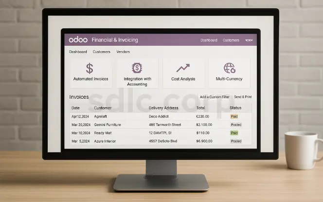 Computer monitor displaying the Odoo Financial & Invoicing dashboard with features for automated invoices, accounting integration, cost analysis, and multi-currency support, along with a table of recent invoices showing customers, amounts, and payment status.