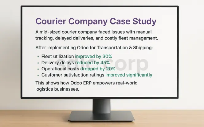 Computer monitor displaying a courier company case study dashboard in Odoo, highlighting improvements after implementation including 30% better fleet utilization, 45% fewer delivery delays, 20% reduced operational costs, and higher customer satisfaction ratings.