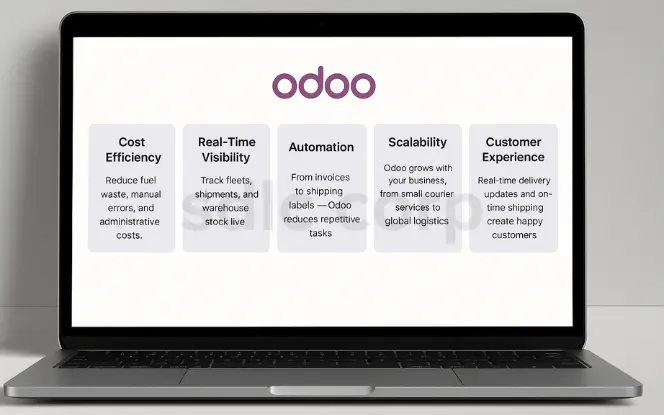 Laptop screen displaying the Odoo logistics benefits dashboard with five highlighted features: cost efficiency, real-time visibility, automation, scalability, and customer experience, each explained in separate cards under the Odoo logo.
