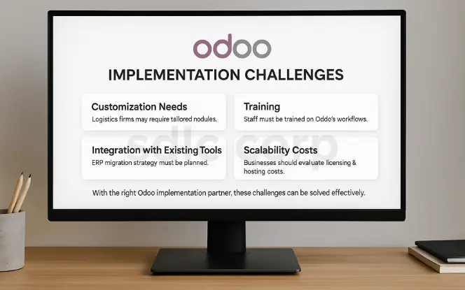 Computer monitor displaying the Odoo implementation challenges dashboard with four key points: customization needs, training, integration with existing tools, and scalability costs, along with a note emphasizing that the right Odoo implementation partner can resolve these challenges effectively.