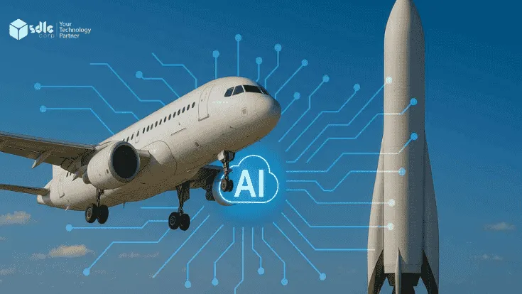 Generative AI in aerospace showing a modern airplane flying with a rocket in the background, symbolizing innovation in aviation and space technology.