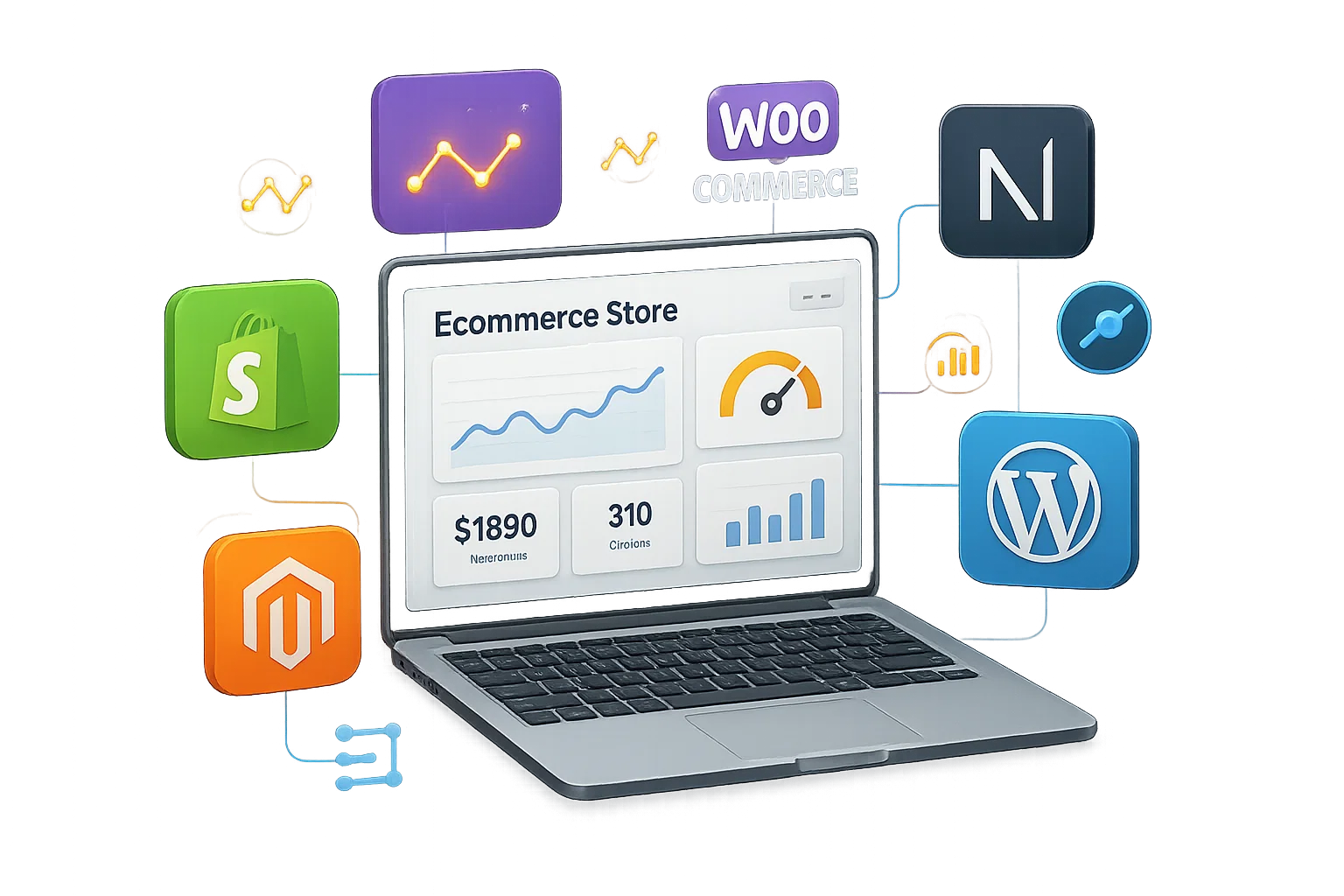  Laptop with ecommerce store dashboard surrounded by Shopify, WooCommerce, Magento, WordPress, and Headless platform logos connected with SEO icons
.