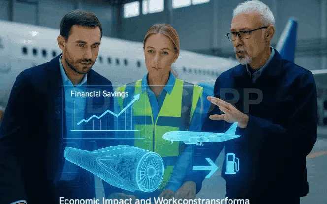 Generative AI in aerospace engineers discussing economic impact, fuel savings, and optimized aircraft design.