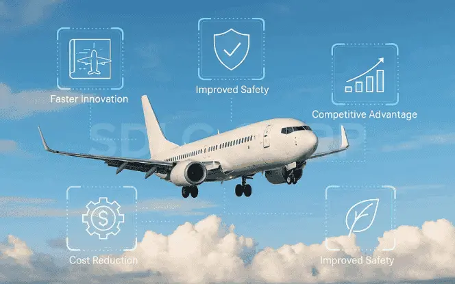 Generative AI in aerospace showing benefits such as safety, innovation, cost reduction, and sustainability.