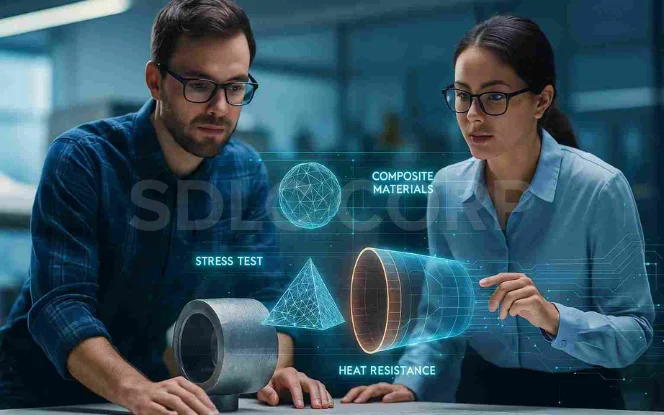 Generative AI in aerospace engineers testing advanced composite materials with AI stress simulations.
