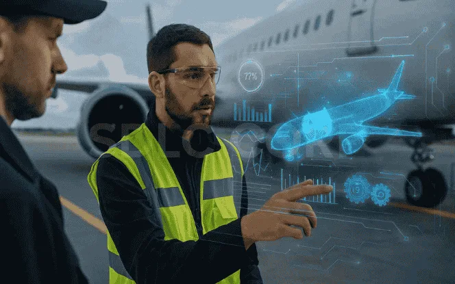 Generative AI in aerospace workers analyzing aircraft components with AI-powered digital overlays.