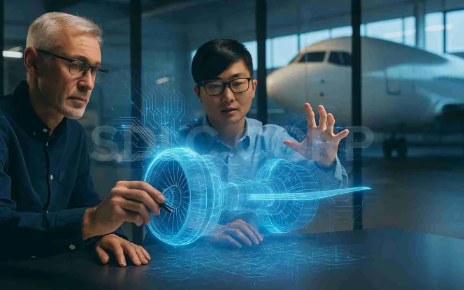 Generative AI in aerospace engineers optimizing jet engine design using AI holographic simulation.