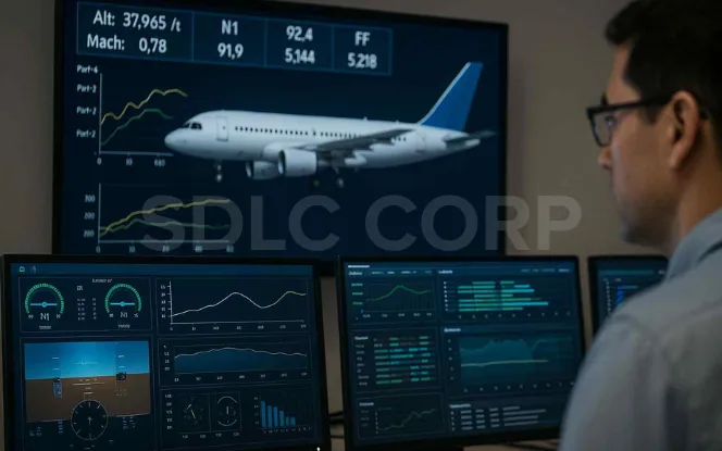 Generative AI in aerospace predictive maintenance system monitoring aircraft performance data.
