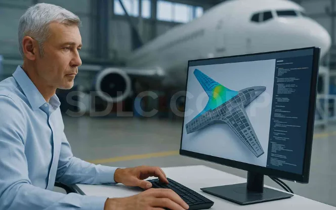 Generative AI in aerospace engineer creating lightweight aircraft wing design with AI simulation.