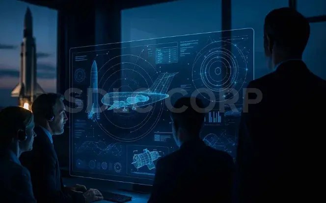 Generative AI in aerospace engineers analyzing spacecraft design and mission planning dashboards.