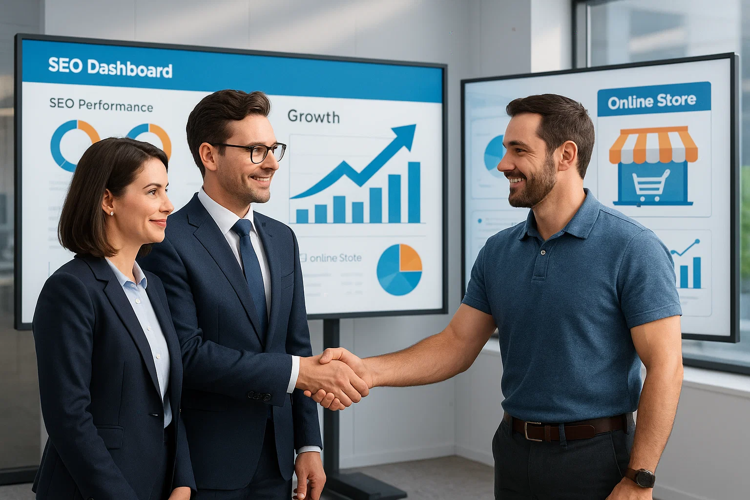 Business team shaking hands with an ecommerce store owner in a modern office, with SEO dashboards and growth charts in the background.
.