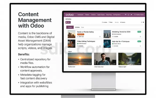 A realistic computer dashboard of Odoo CMS and Digital Asset Management showing centralized repository for scripts, videos, articles, and images with workflow automation, metadata tagging, and publishing integration.