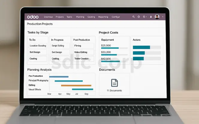 A realistic laptop dashboard displaying Odoo ERP for film and TV production management, showing task assignments, budget tracking, shooting schedules, and collaboration tools.