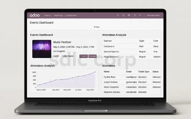 A realistic laptop dashboard showing Odoo Event Module with ticket booking, event promotion, sponsor management, attendee analytics, and sales insights.