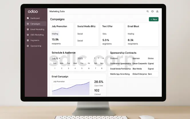 A realistic desktop computer dashboard displaying Odoo Marketing Suite with campaign creation, automated scheduling, audience segmentation, ad performance tracking, and sponsorship contract management.