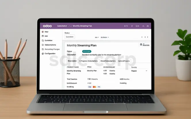 A realistic laptop dashboard displaying Odoo Subscription Module with automated billing, tiered membership plans, trial offers, discounts, and payment gateway integration.