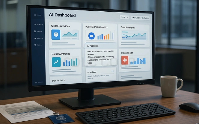 AI dashboard on a widescreen monitor in a government office showing panels for citizen services, public communication, data summaries, permits and licensing, and public health.