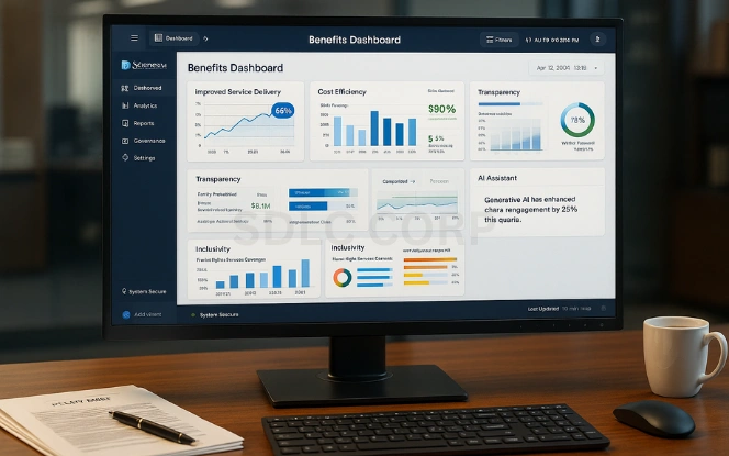 AI dashboard on a widescreen monitor labeled Benefits Dashboard with panels for improved service delivery, cost efficiency, transparency, smarter policies, and inclusivity in a government office.