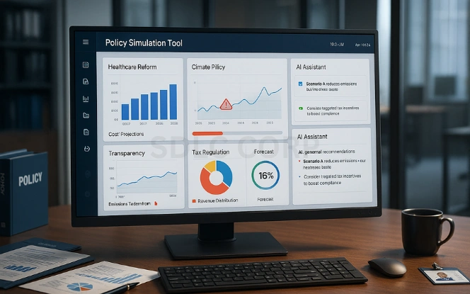 AI dashboard on a widescreen monitor in a government office showing policy simulation panels for healthcare reform, climate policy, and tax regulation with an assistant panel displaying recommendations.