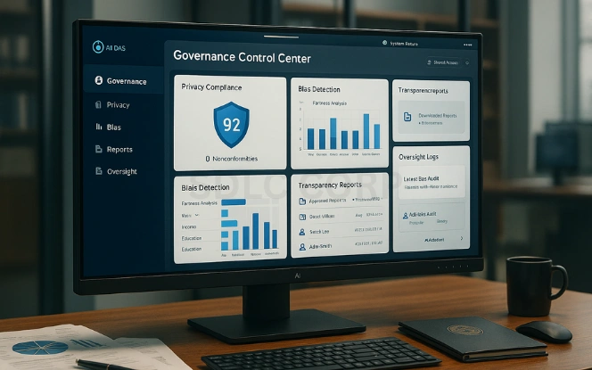 AI dashboard on a widescreen monitor in a government office displaying panels for privacy compliance, bias detection, transparency reports, and oversight logs with an assistant panel showing audit results.