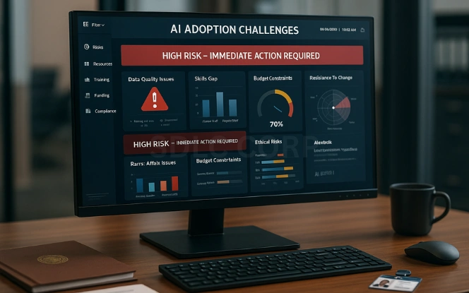 AI dashboard on a widescreen monitor in a government office showing warning panels for data quality issues, skills gap, budget constraints, resistance to change, and ethical risks with a central high-risk alert.