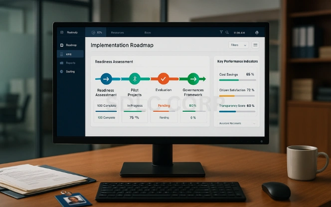 AI dashboard on a widescreen monitor in a government office displaying a horizontal roadmap with stages for readiness assessment, pilot projects, evaluation, governance framework, and scaling, along with KPI metrics.