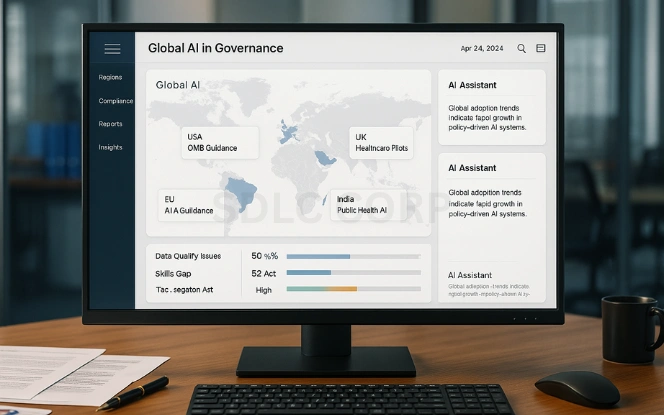 AI dashboard on a widescreen monitor in a government office showing a world map with highlighted regions including USA, European Union, UK, and India, each with policy adoption details and a legend for adoption levels.