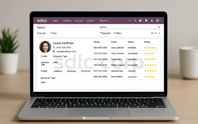 A realistic laptop dashboard displaying Odoo ERP Talent Management module with artist profiles, audition schedules, bookings, automated contracts, payments, and performance ratings.