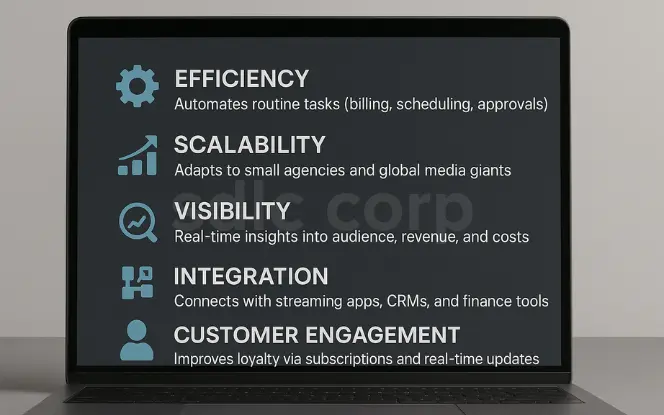 A laptop screen displaying a professional Odoo ERP dashboard highlighting five key benefits: Efficiency, Scalability, Visibility, Integration, and Customer Engagement, each paired with icons and descriptive text.