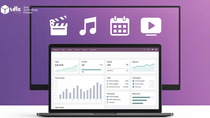 A professional computer dashboard banner showing ERP interface for media and entertainment with charts, sales analysis, revenue tracking, and icons for film, music, events, and digital streaming.