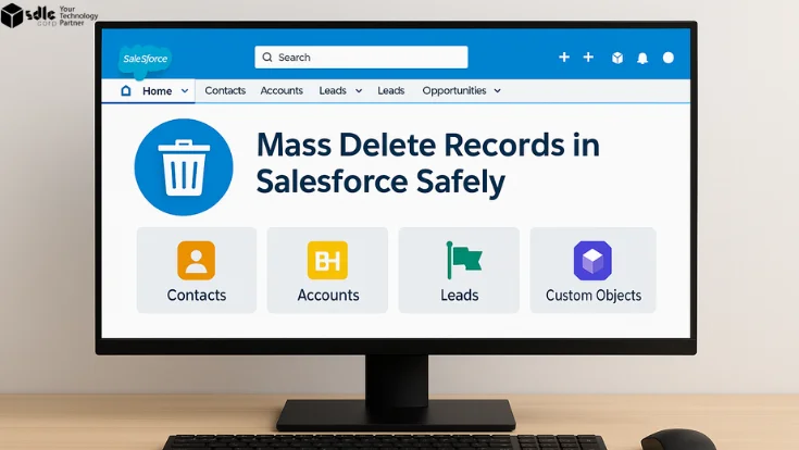 Salesforce dashboard on computer screen showing "Mass Delete Records in Salesforce Safely" with icons for Contacts, Accounts, Leads, and Custom Objects.