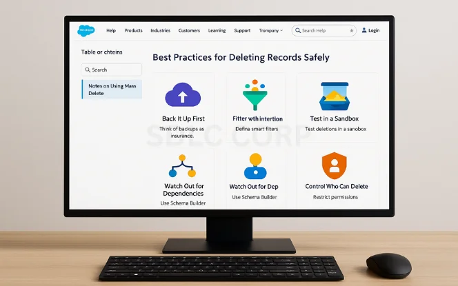 Salesforce screen displaying "Best Practices for Deleting Records Safely" with six icons: Back It Up First, Filter with Intention, Test in a Sandbox, Watch Out for Dependencies, Watch Out for Dep, and Control Who Can Delete.