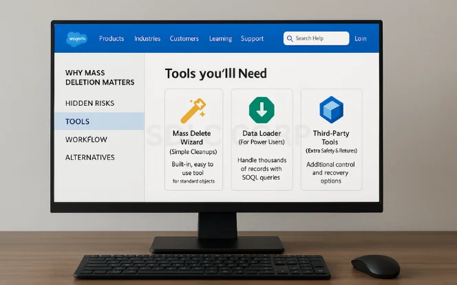 Salesforce dashboard titled "Tools You’ll Need" with three options: Mass Delete Wizard, Data Loader, and Third-Party Tools.