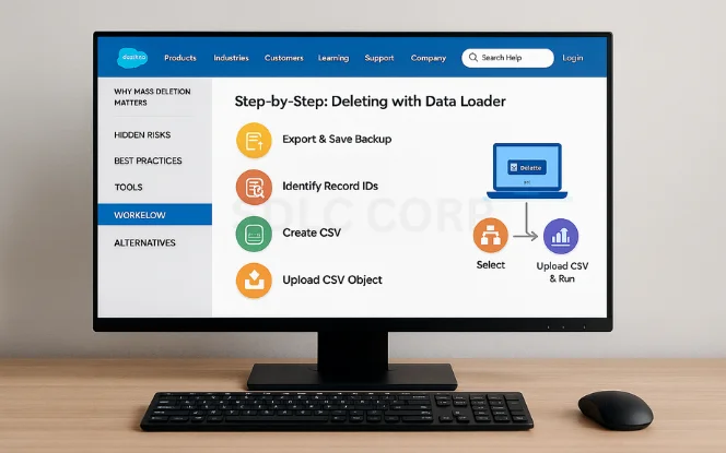 Salesforce screen with "Step-by-Step: Deleting with Data Loader" showing process steps: Export & Save Backup, Identify Record IDs, Create CSV, Upload CSV Object, Select, and Upload CSV & Run.