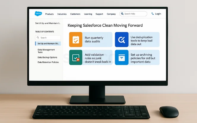 Salesforce dashboard with "Keeping Salesforce Clean Moving Forward" showing options: Run Quarterly Data Audits, Use Deduplication Tools, Add Validation Rules, and Set Up Archiving Policies.