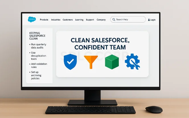Salesforce interface with message "Clean Salesforce, Confident Team" accompanied by icons of shield, funnel, cube, and gear.