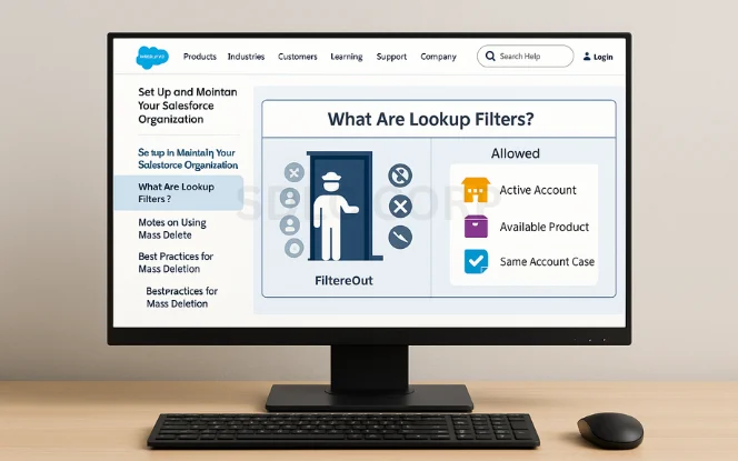 Salesforce screen with heading "What Are Lookup Filters?" displaying allowed options such as Active Account, Available Product, and Same Account Case, with a guard icon filtering out invalid data.
