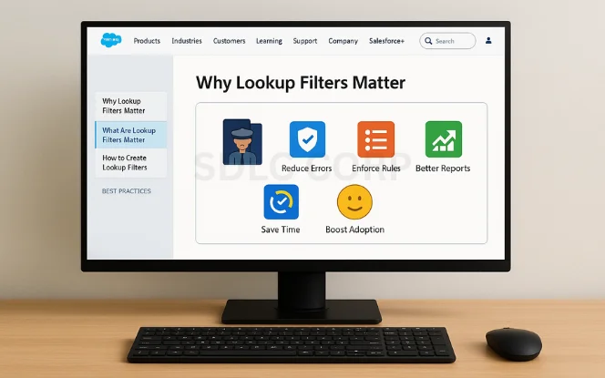 Salesforce interface titled "Why Lookup Filters Matter" showing icons for benefits like Reduce Errors, Enforce Rules, Better Reports, Save Time, and Boost Adoption.