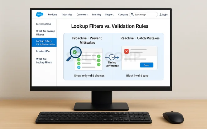 Salesforce screen comparing "Lookup Filters vs. Validation Rules" — proactive filters to prevent mistakes by showing valid choices vs. reactive rules catching mistakes by blocking invalid saves.
