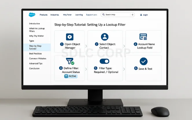 Salesforce tutorial screen "Step-by-Step: Setting Up a Lookup Filter" with steps including Open Object Manager, Select Object, Account Name Lookup Field, Define Filter, Choose Filter Type, and Save & Test.